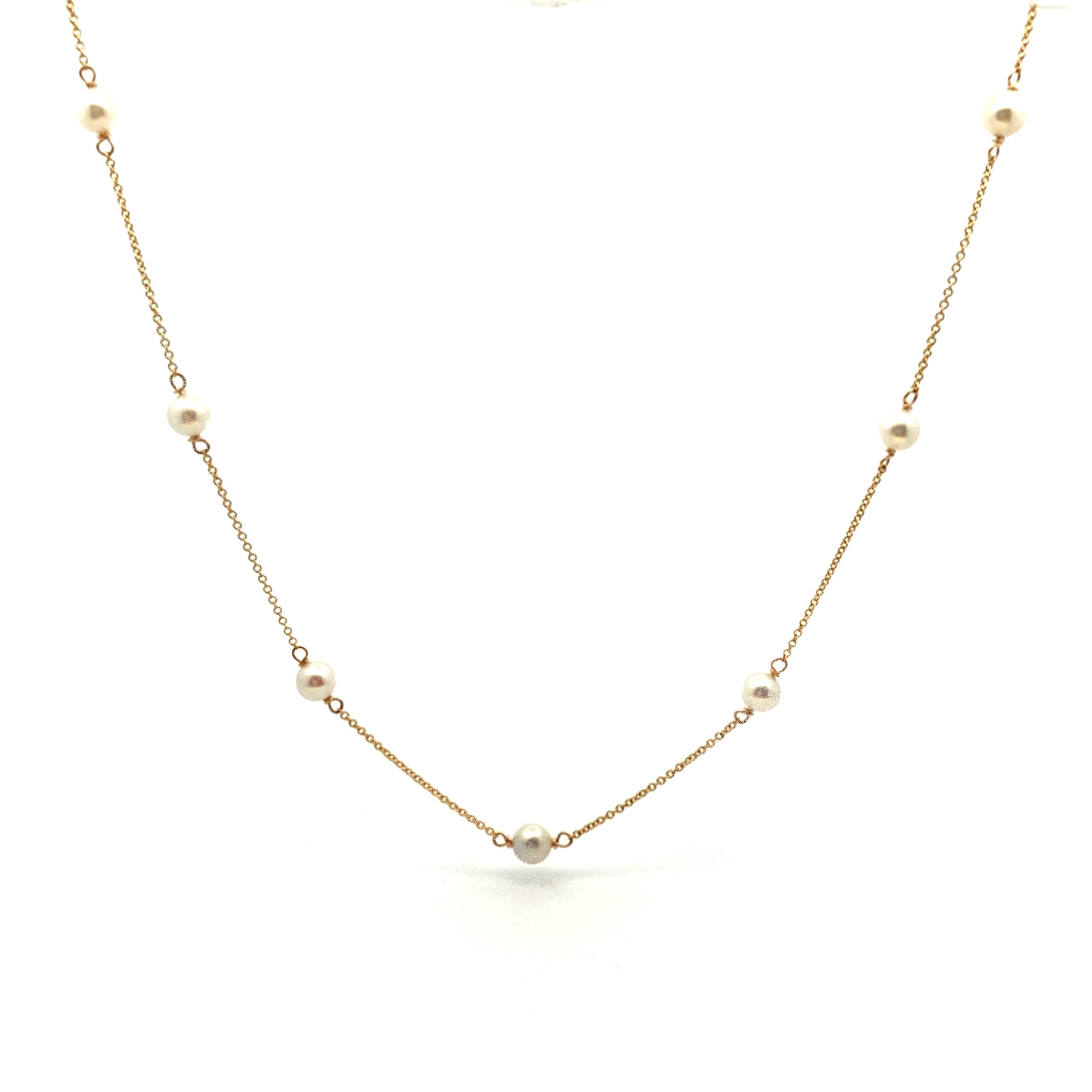 Elegant Yellow Gold Pearl Station Necklace 18"