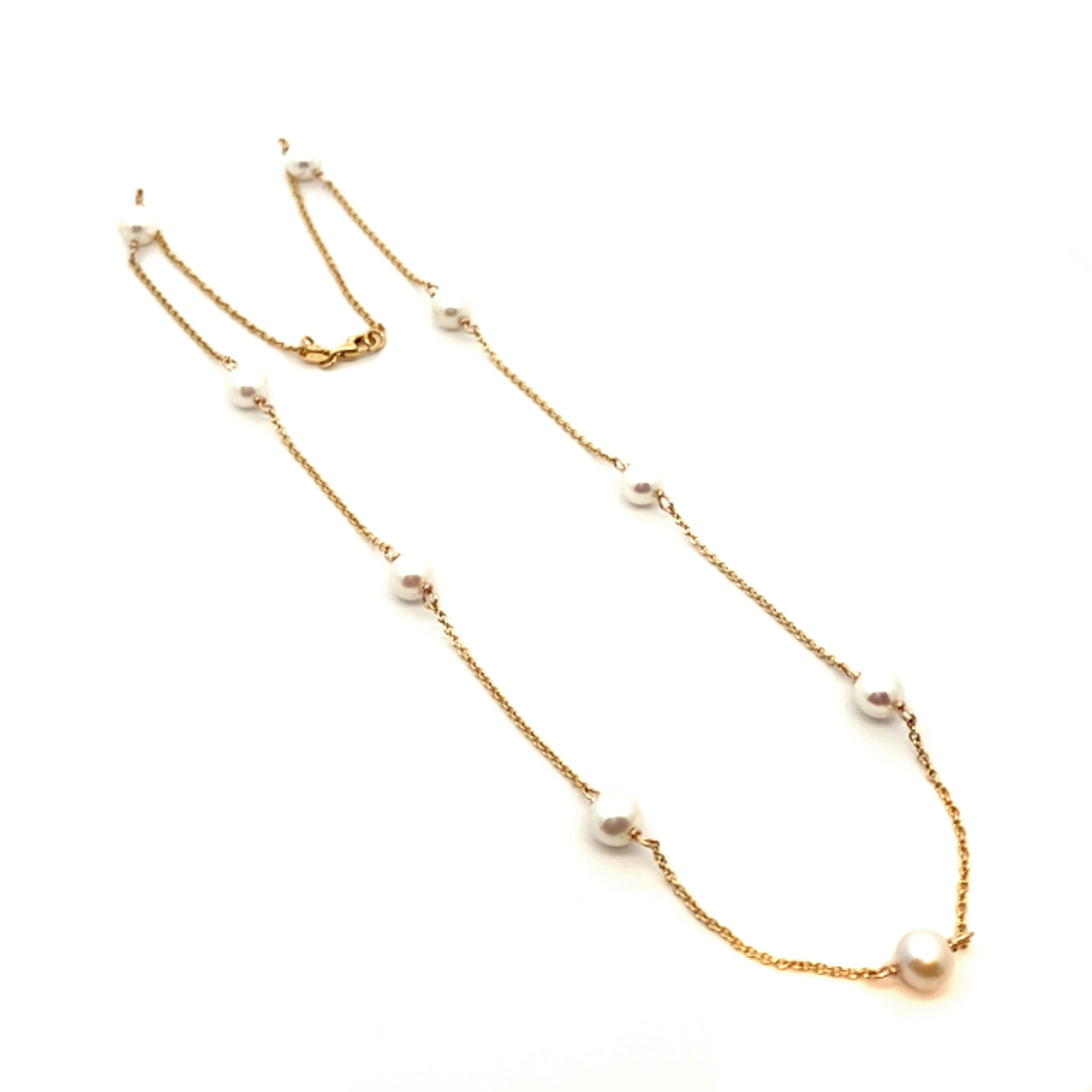 Elegant Yellow Gold Pearl Station Necklace 18"