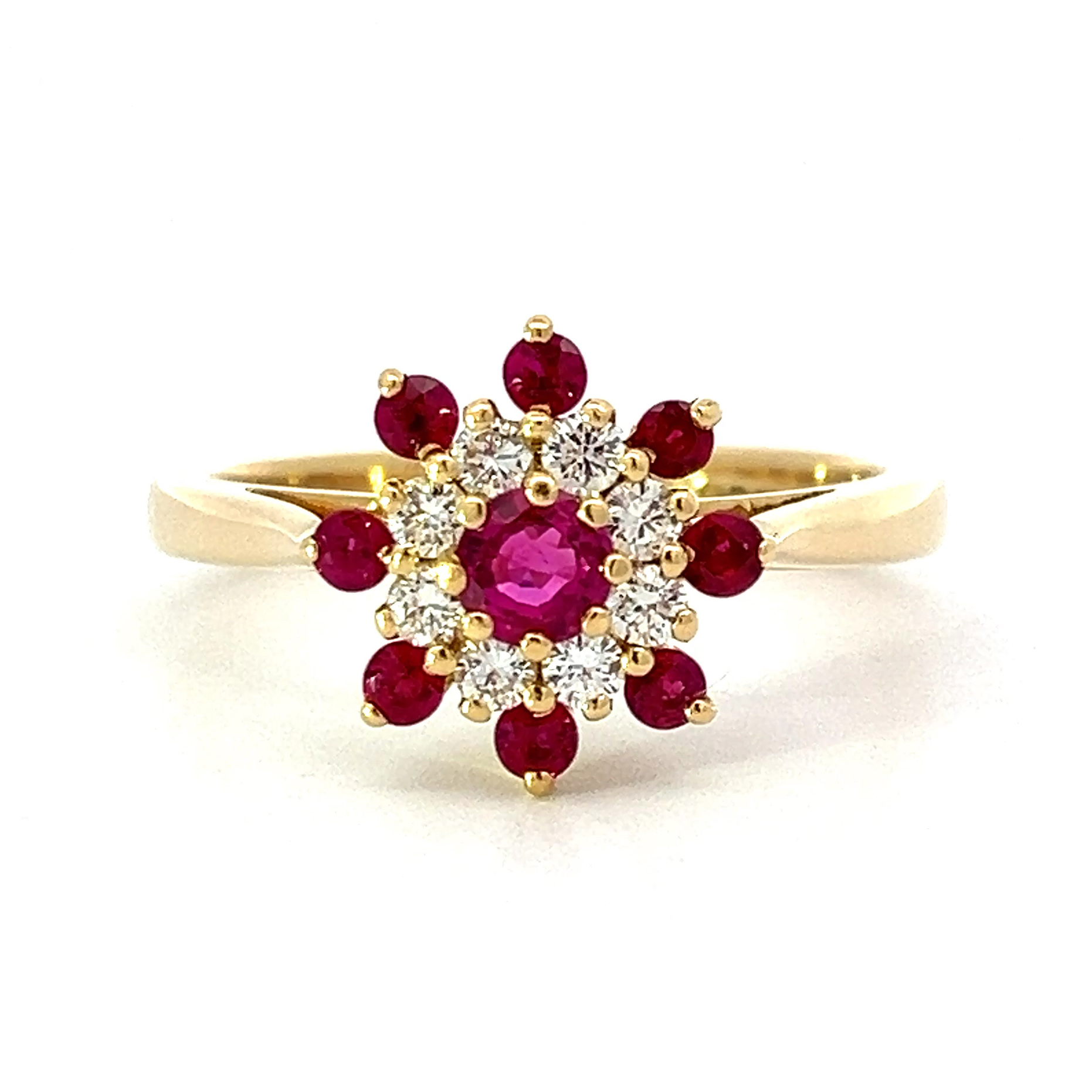 Bright Ruby and Diamond Cluster Yellow Gold Dress Ring