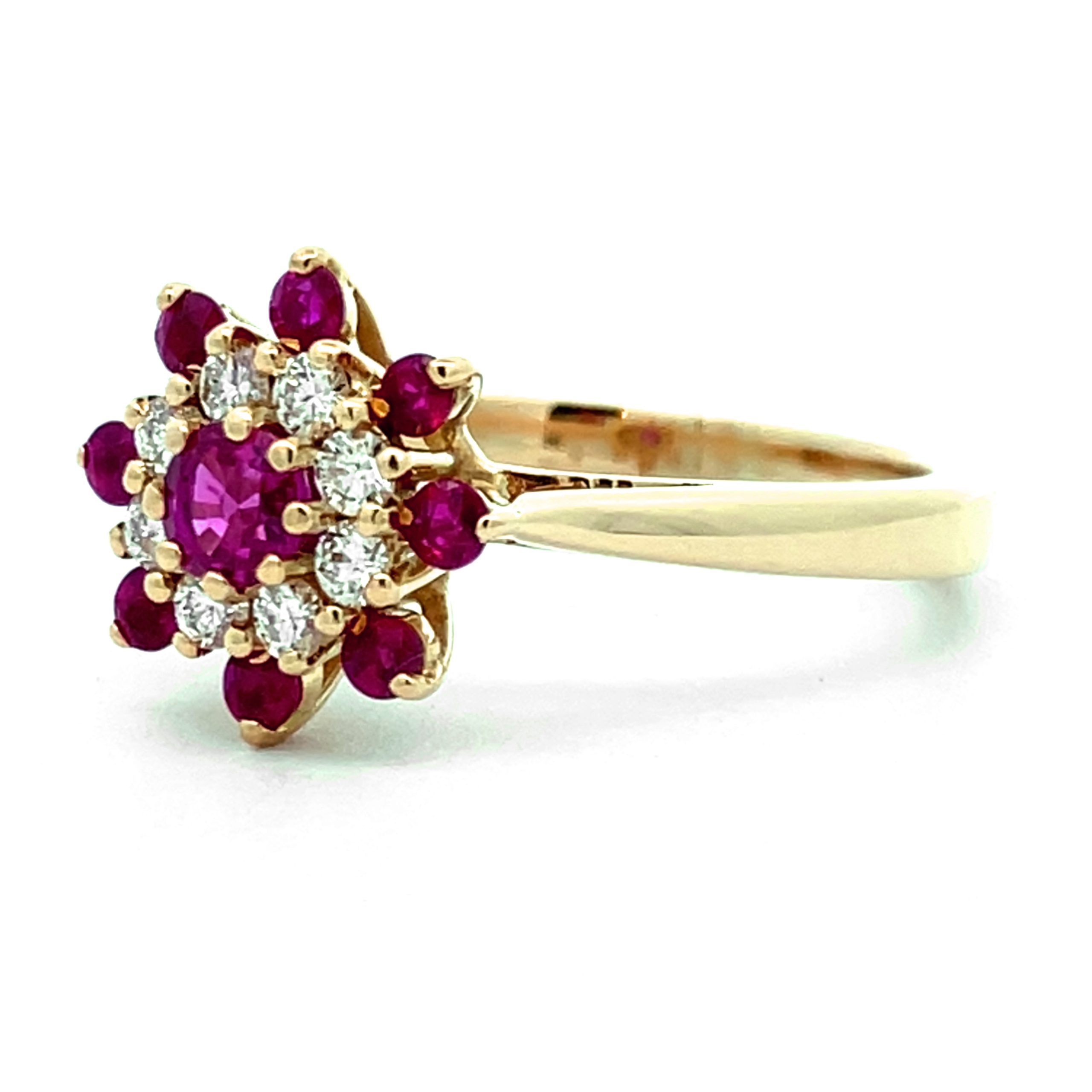 Bright Ruby and Diamond Cluster Yellow Gold Dress Ring