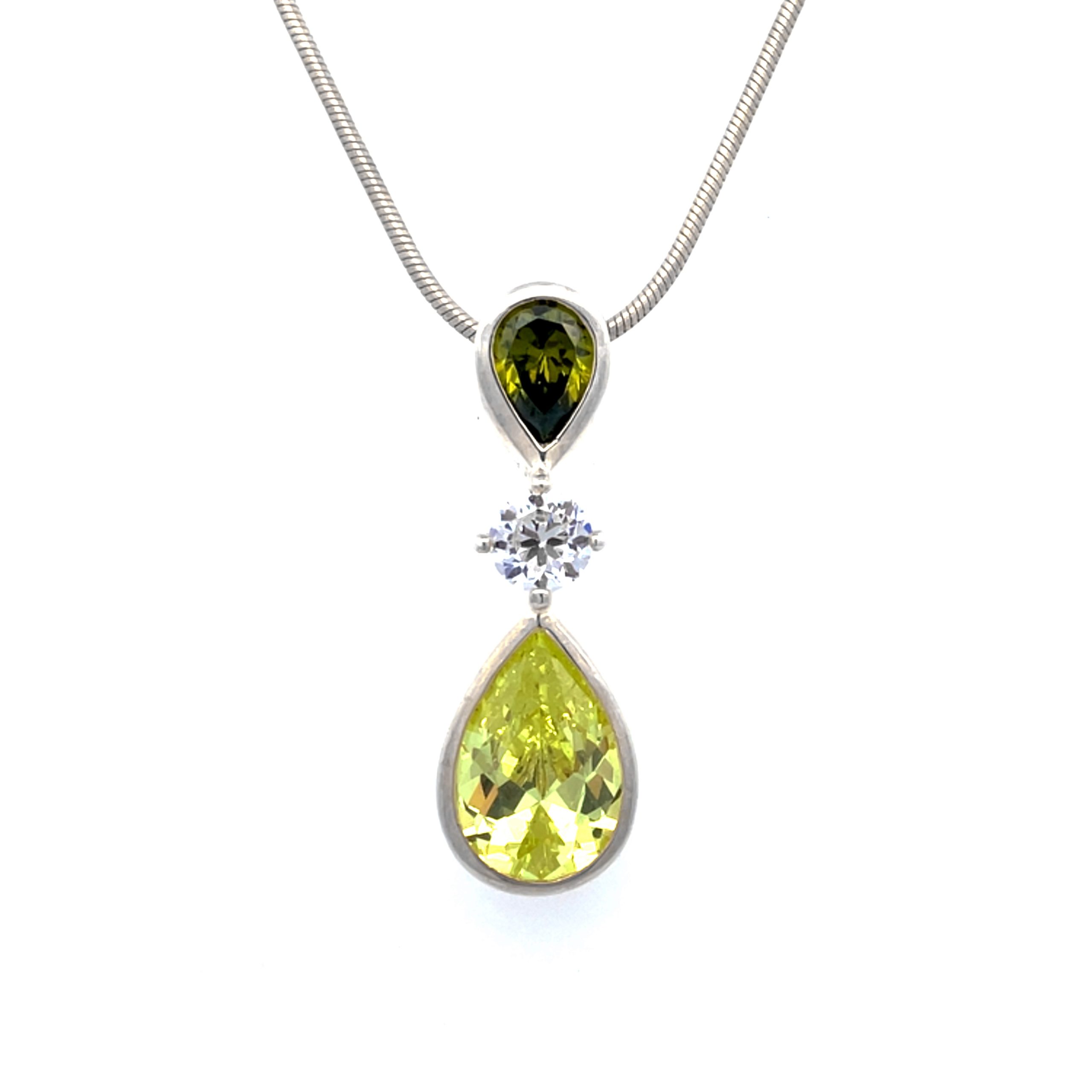 Silver Green Tones Gemstone and CZ Drop Pendant Necklace