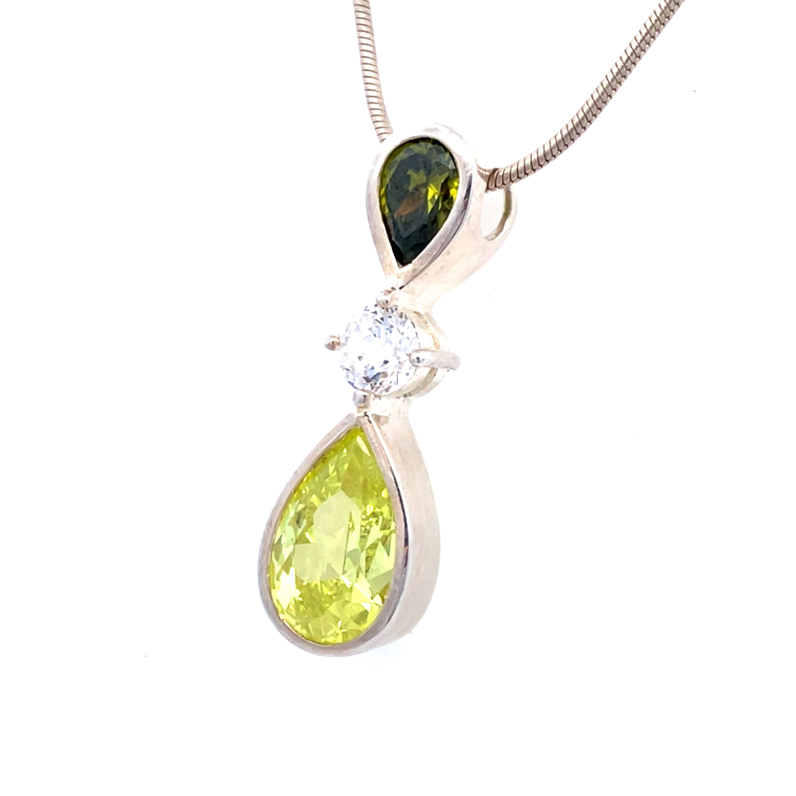 Silver Green Tones Gemstone and CZ Drop Pendant Necklace