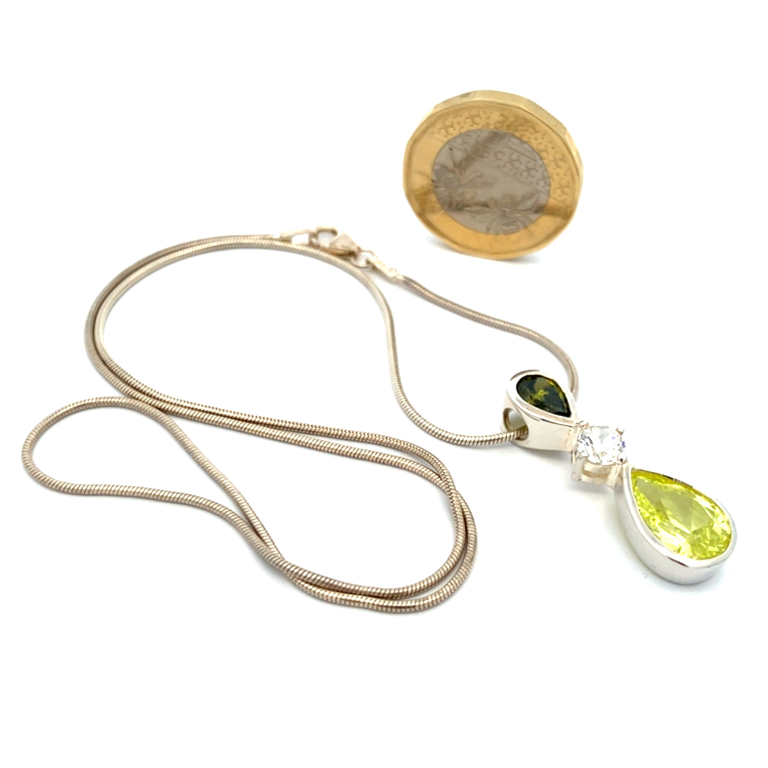 Silver Green Tones Gemstone and CZ Drop Pendant Necklace