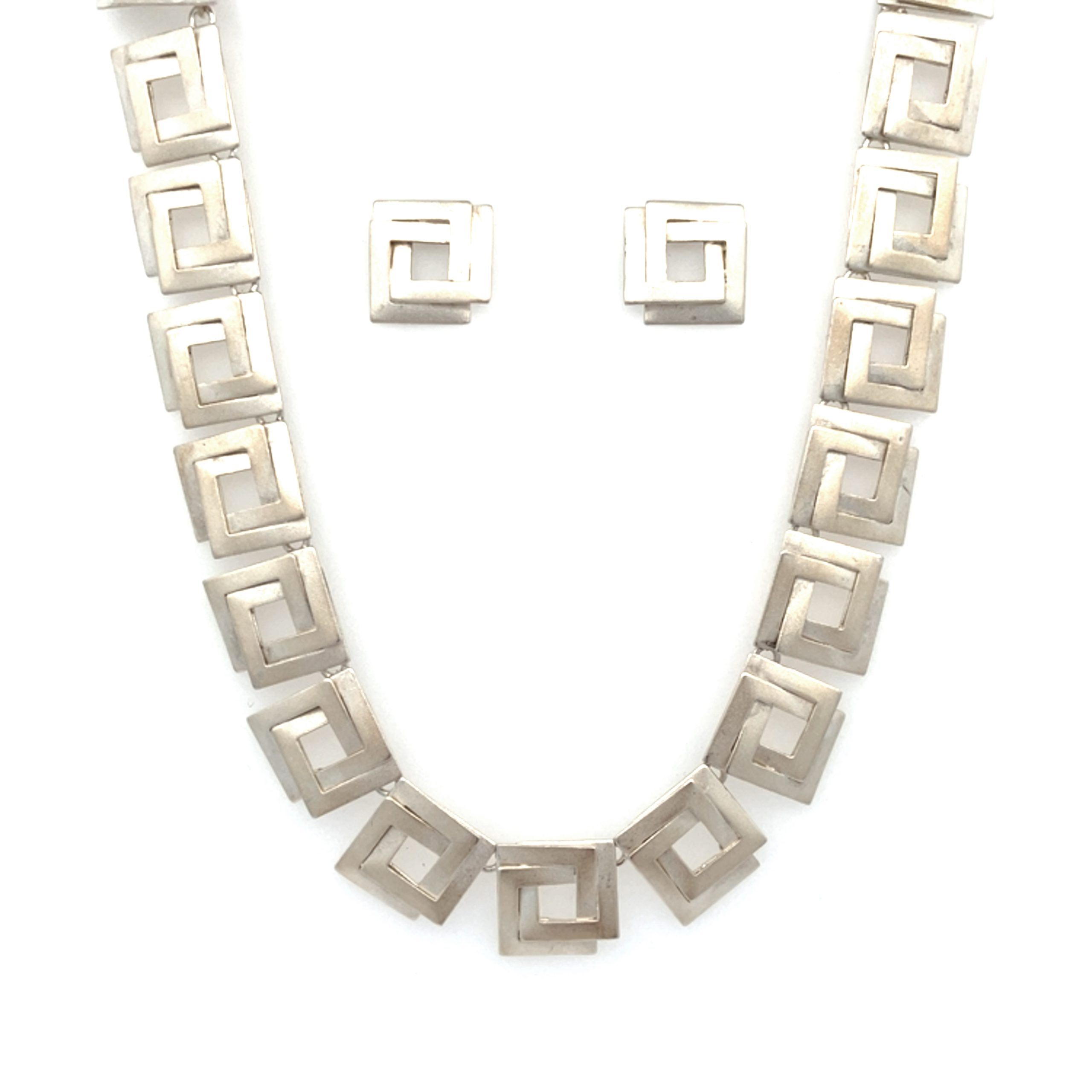 Silver Woven Square Motif Necklace and Stud Set