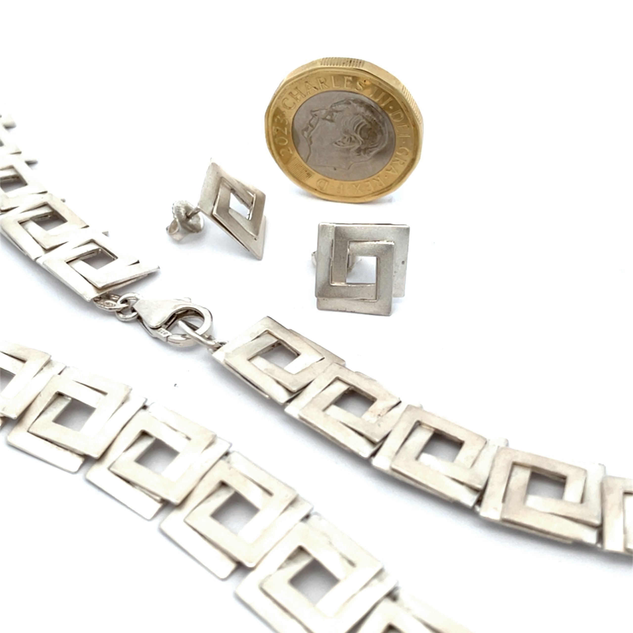 Silver Woven Square Motif Necklace and Stud Set