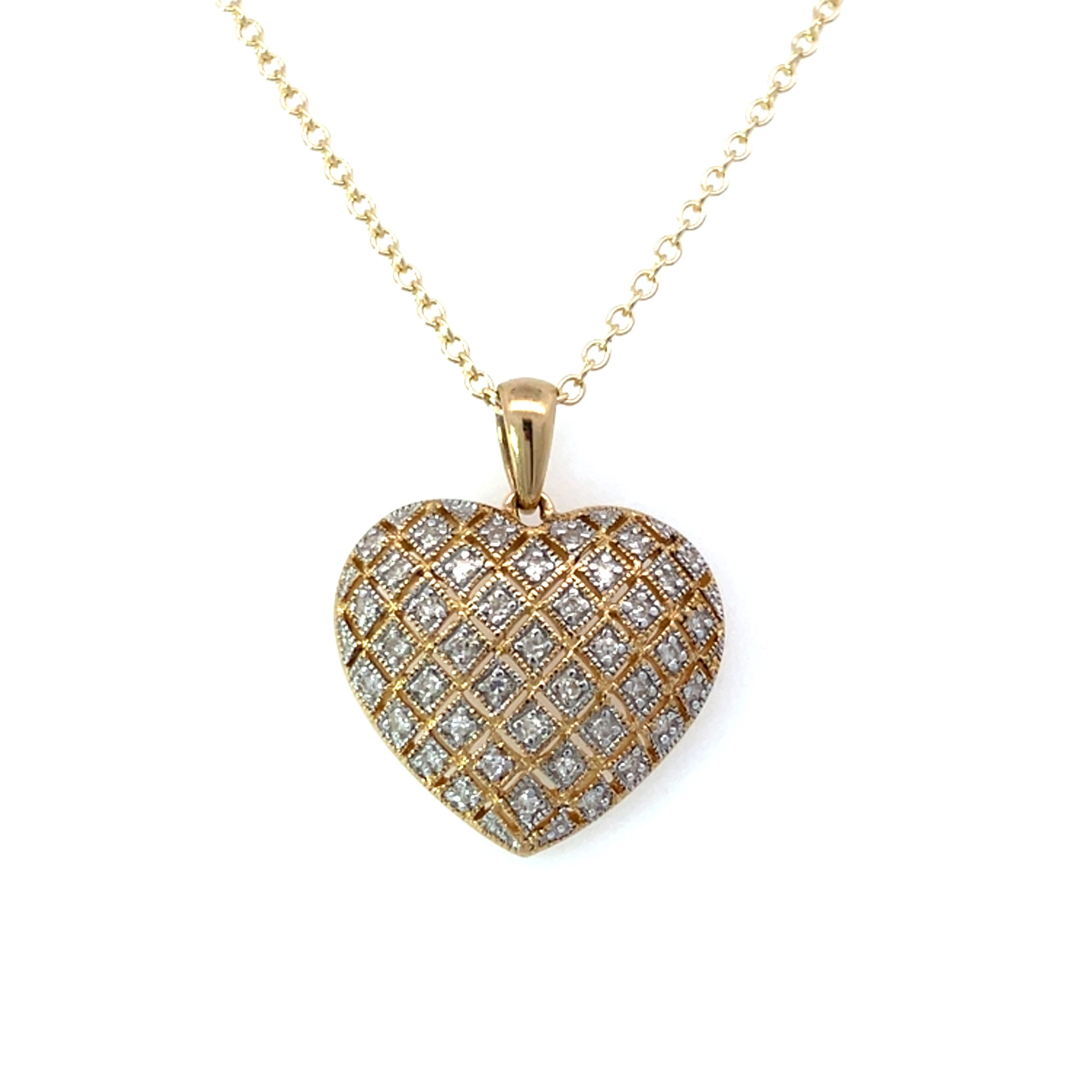 Vintage Yellow Gold Diamond Lattice Heart Pendant Necklace - 20 Inch