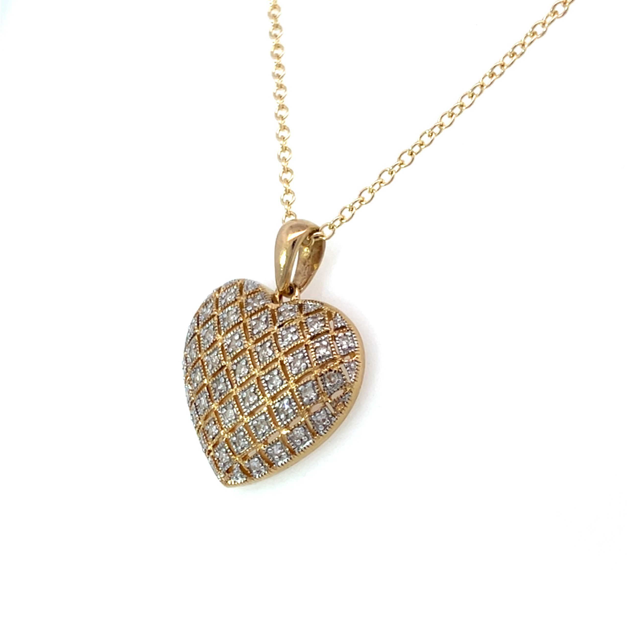 Vintage Yellow Gold Diamond Lattice Heart Pendant Necklace - 20 Inch