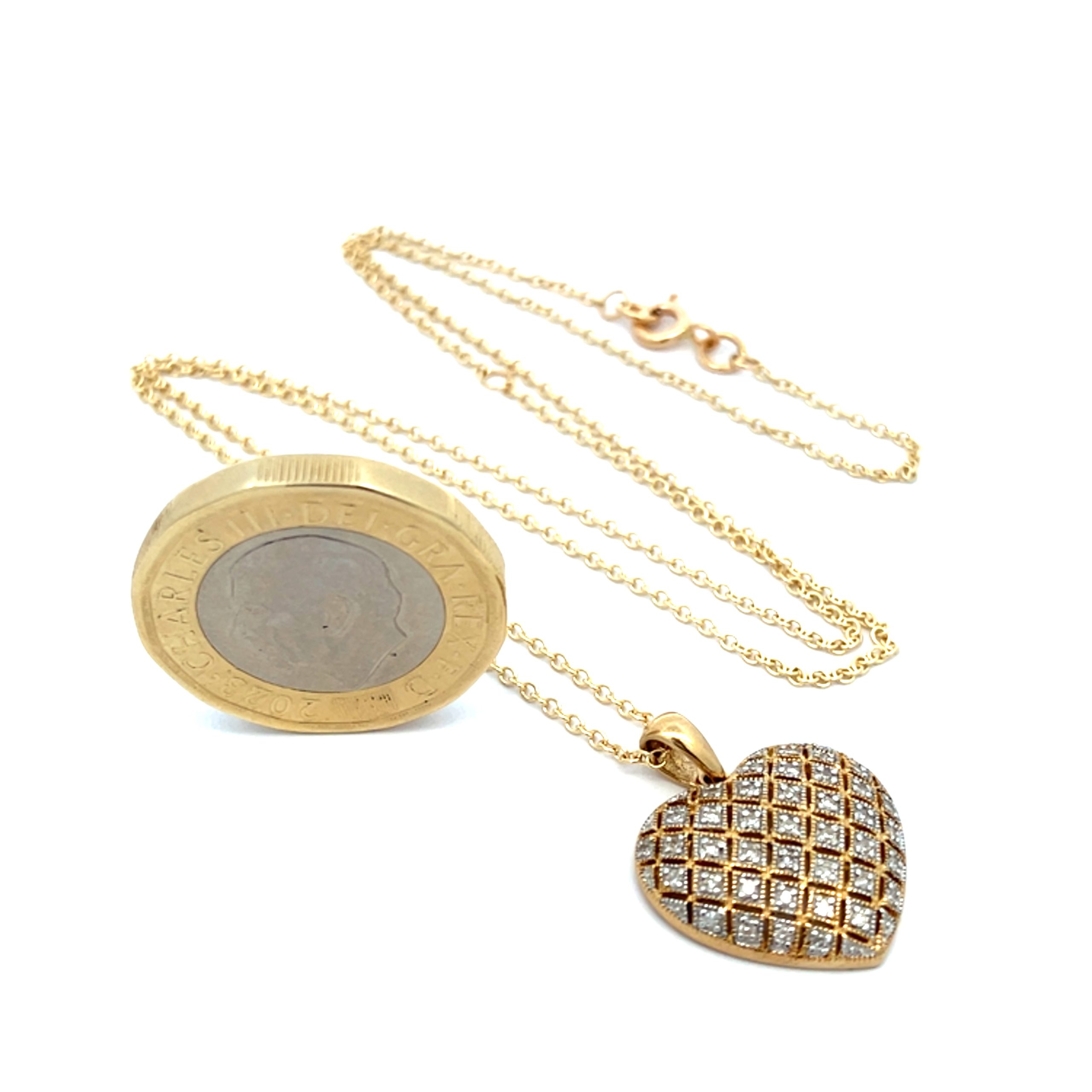 Vintage Yellow Gold Diamond Lattice Heart Pendant Necklace - 20 Inch