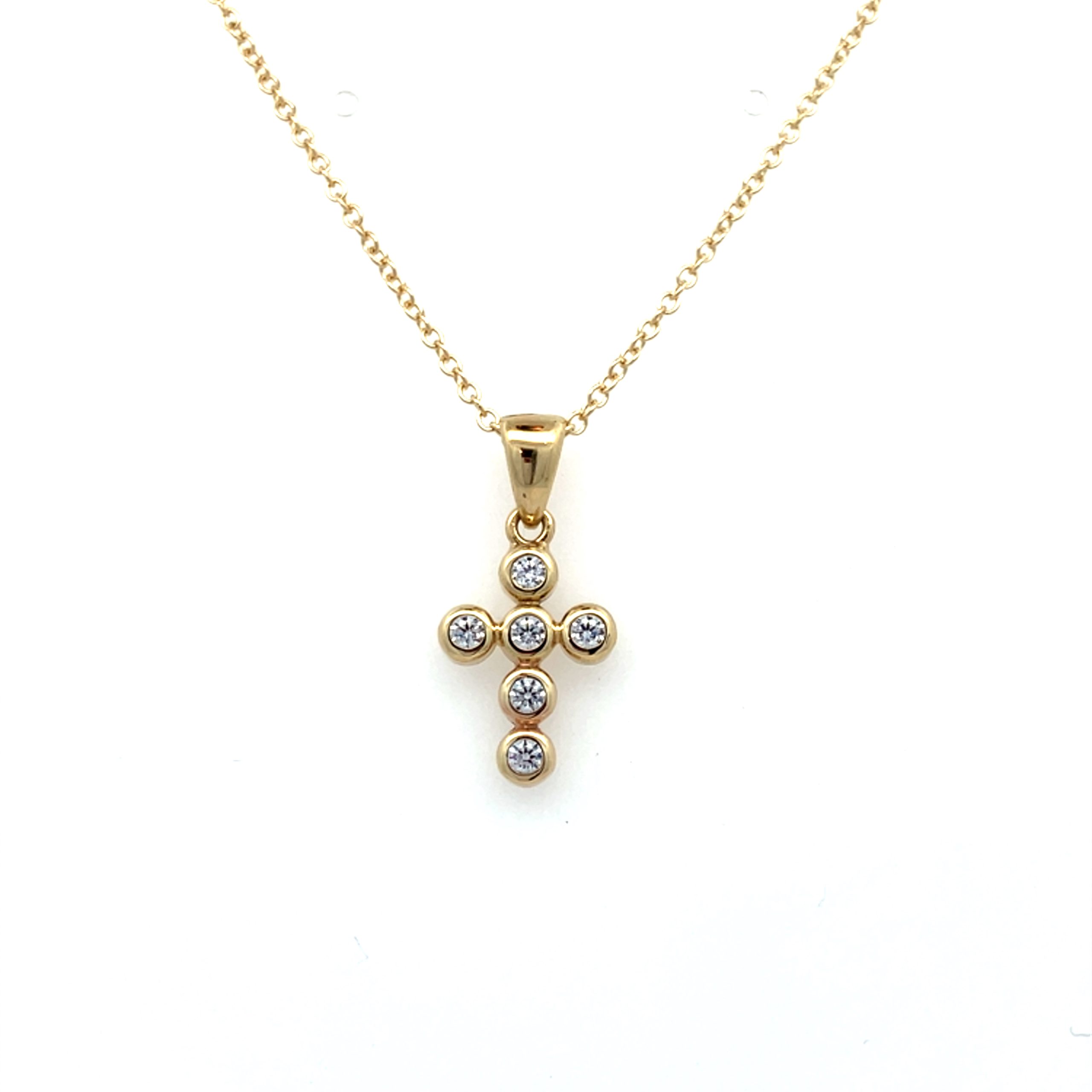 Yellow Gold CZ Cross Necklace - 18 Inch