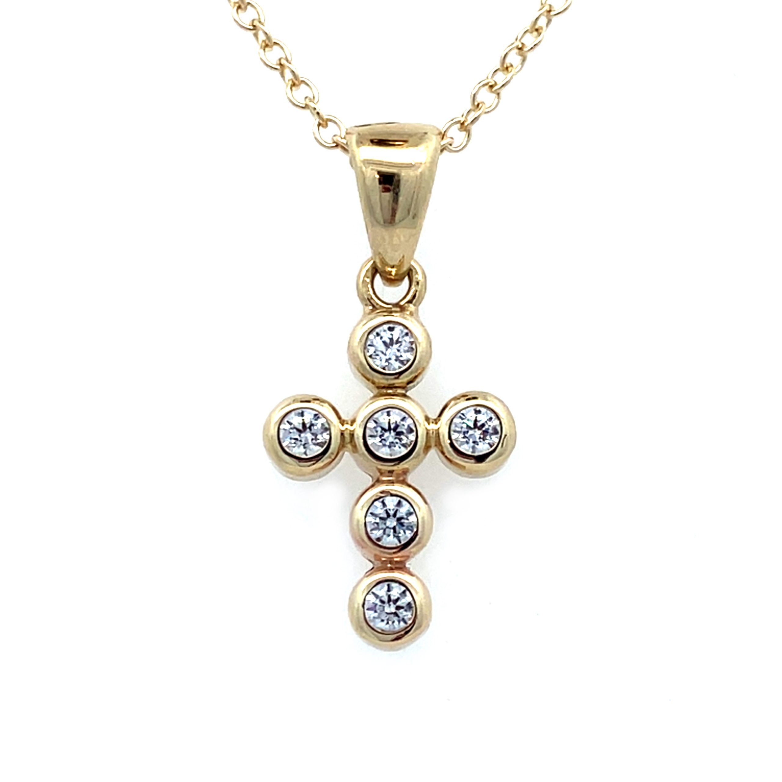 Yellow Gold CZ Cross Necklace - 18 Inch