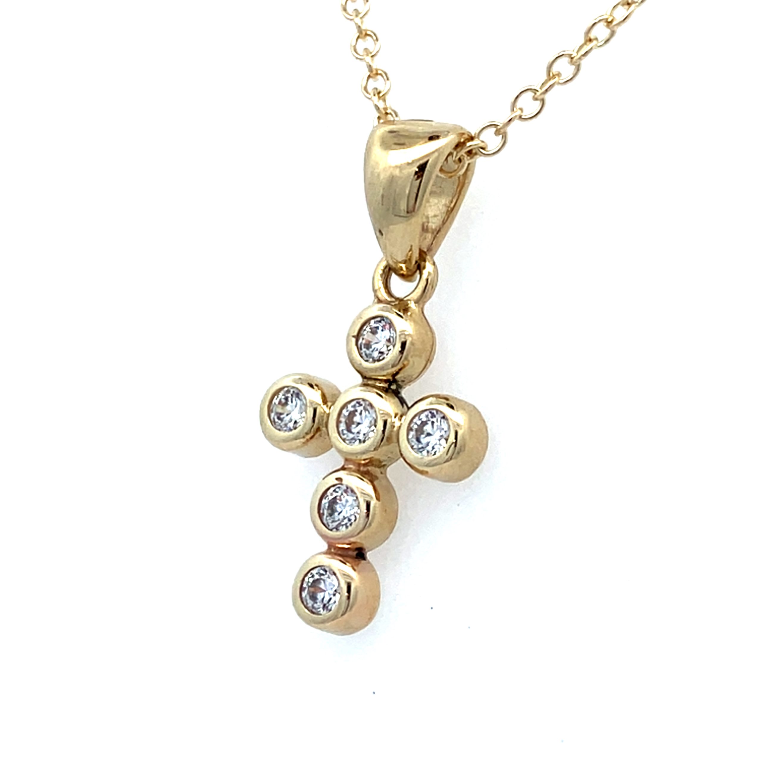 Yellow Gold CZ Cross Necklace - 18 Inch