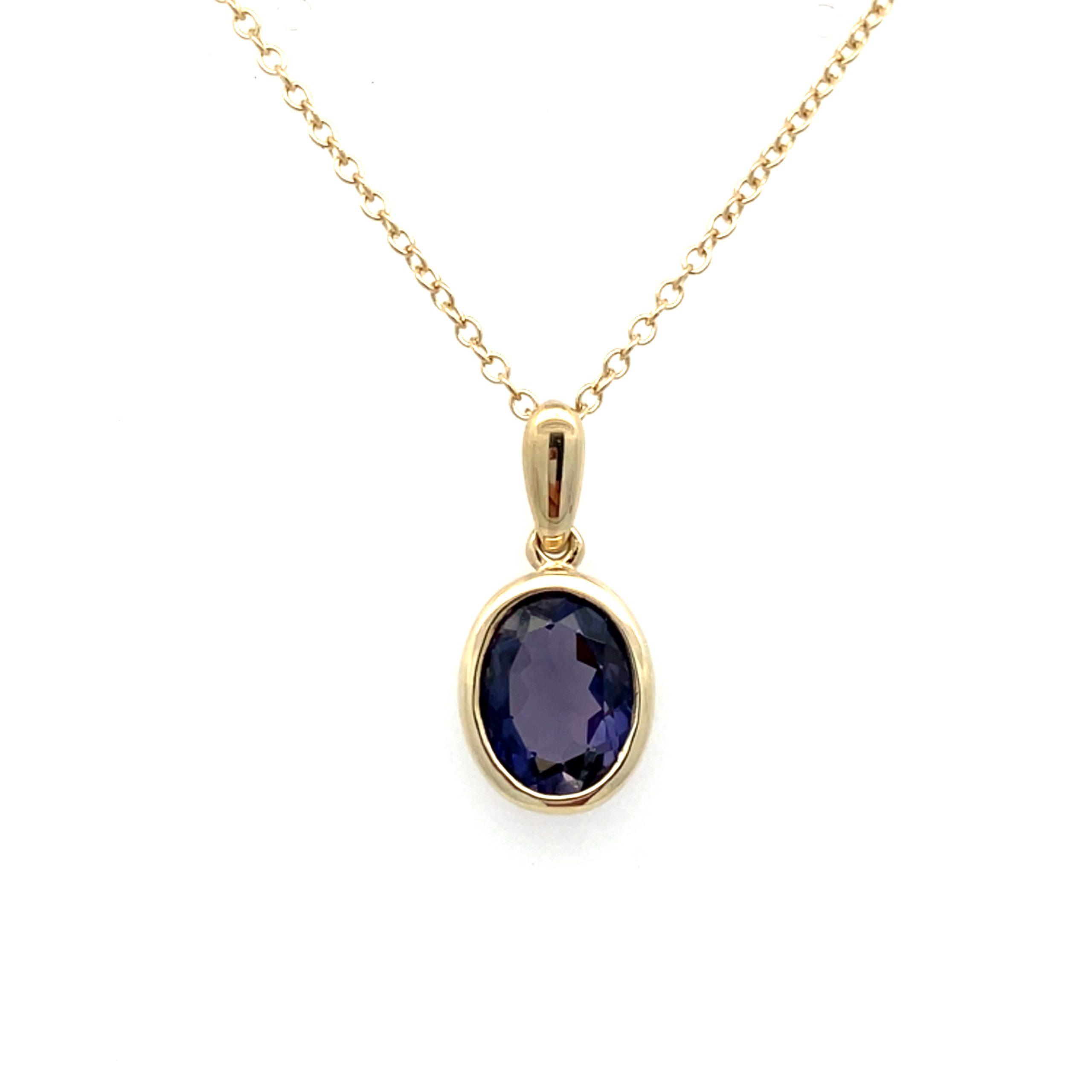 Yellow Gold Iolite Oval Rub-Over Pendant Necklace - 18 Inch