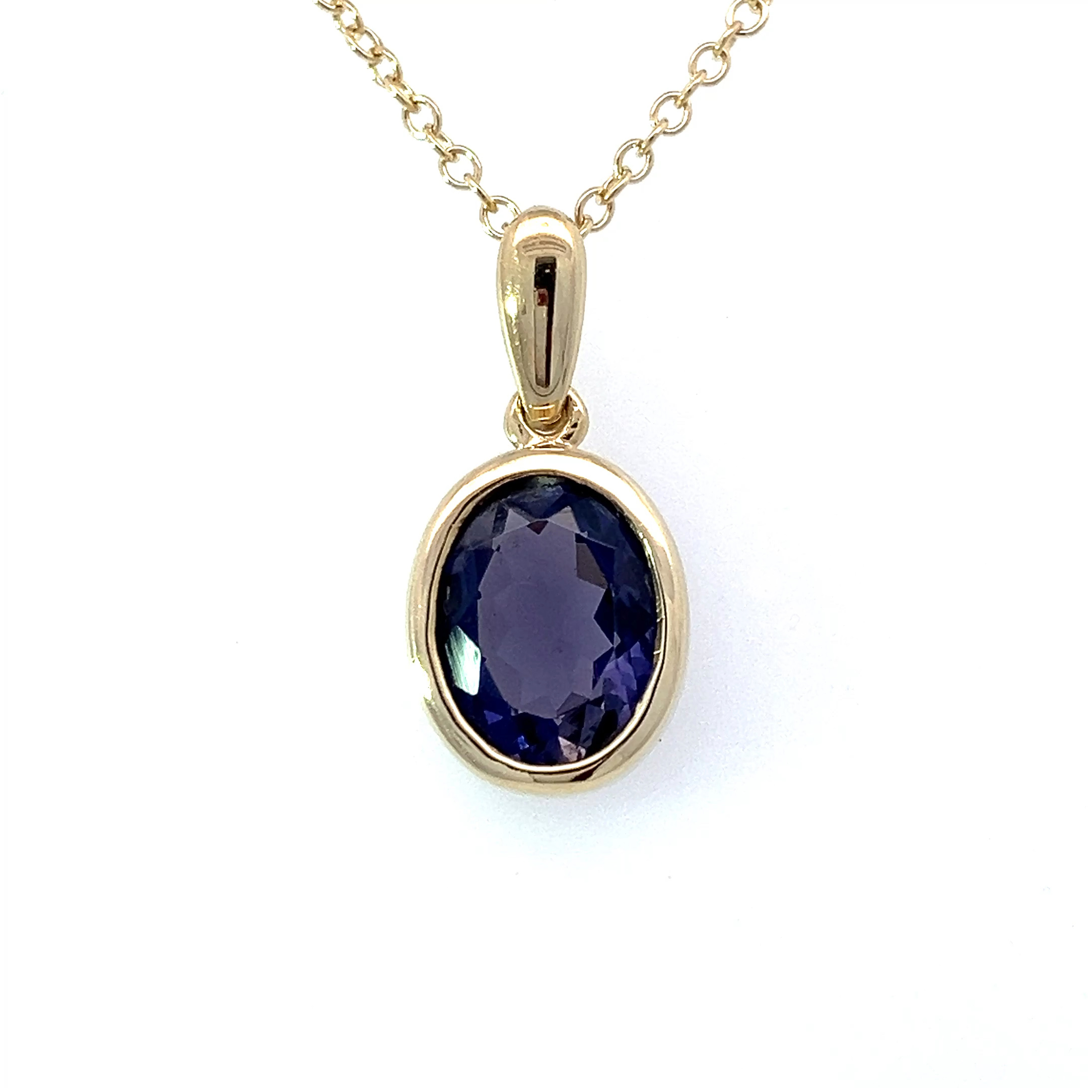 Yellow Gold Iolite Oval Rub-Over Pendant Necklace - 18 Inch