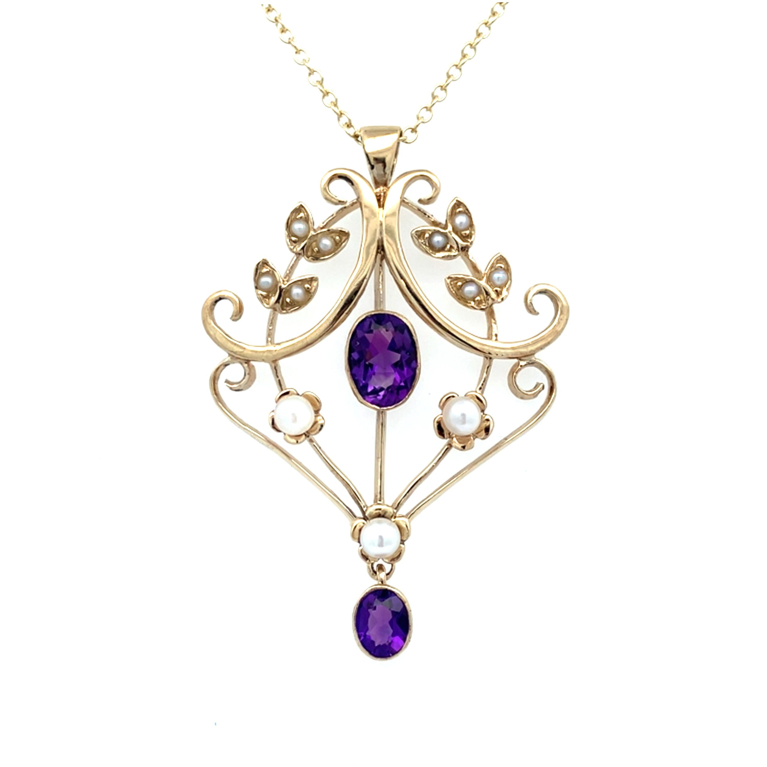 Antique Amethyst and Pearl Edwardian Pendant Necklace - 20 Inch