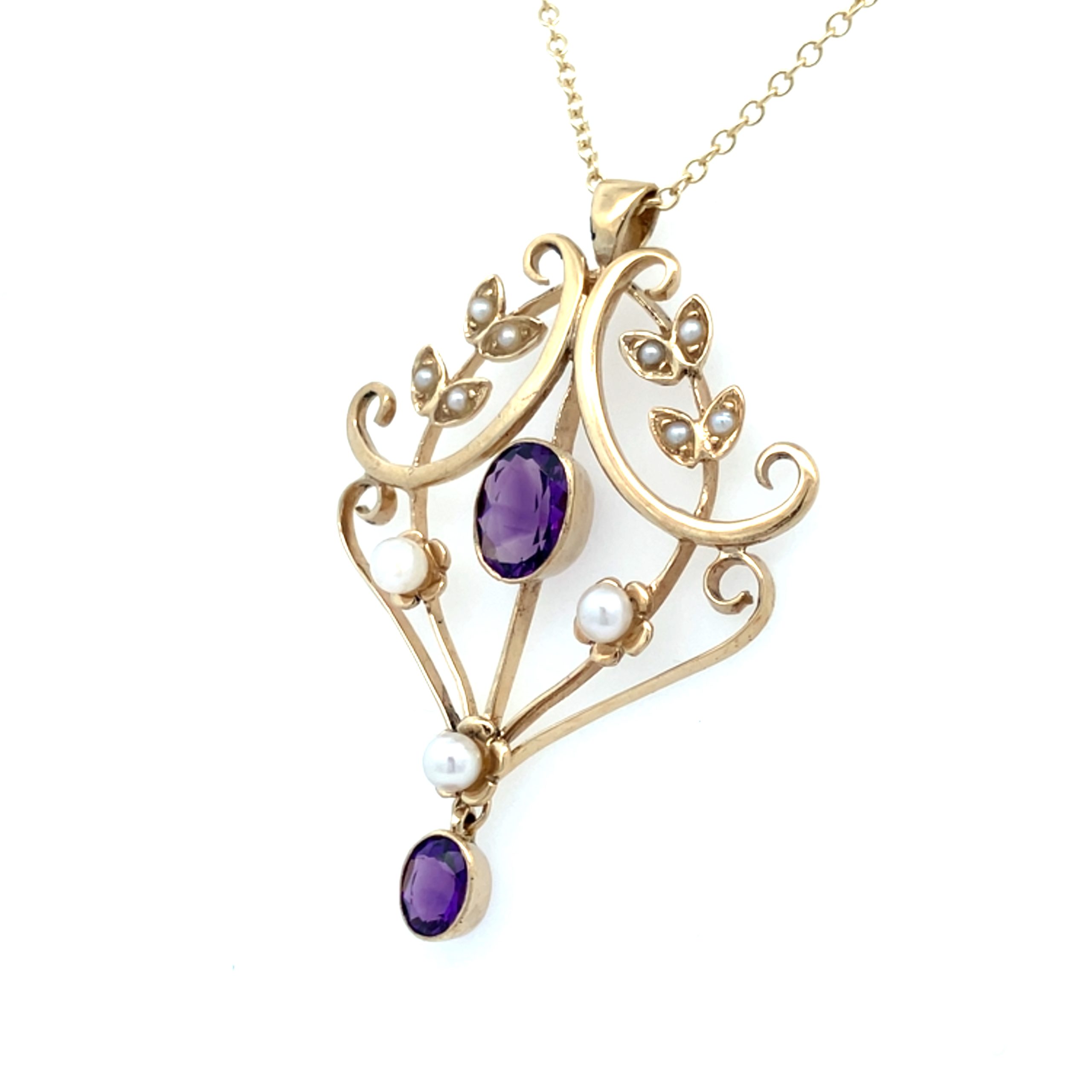 Antique Amethyst and Pearl Edwardian Pendant Necklace - 20 Inch