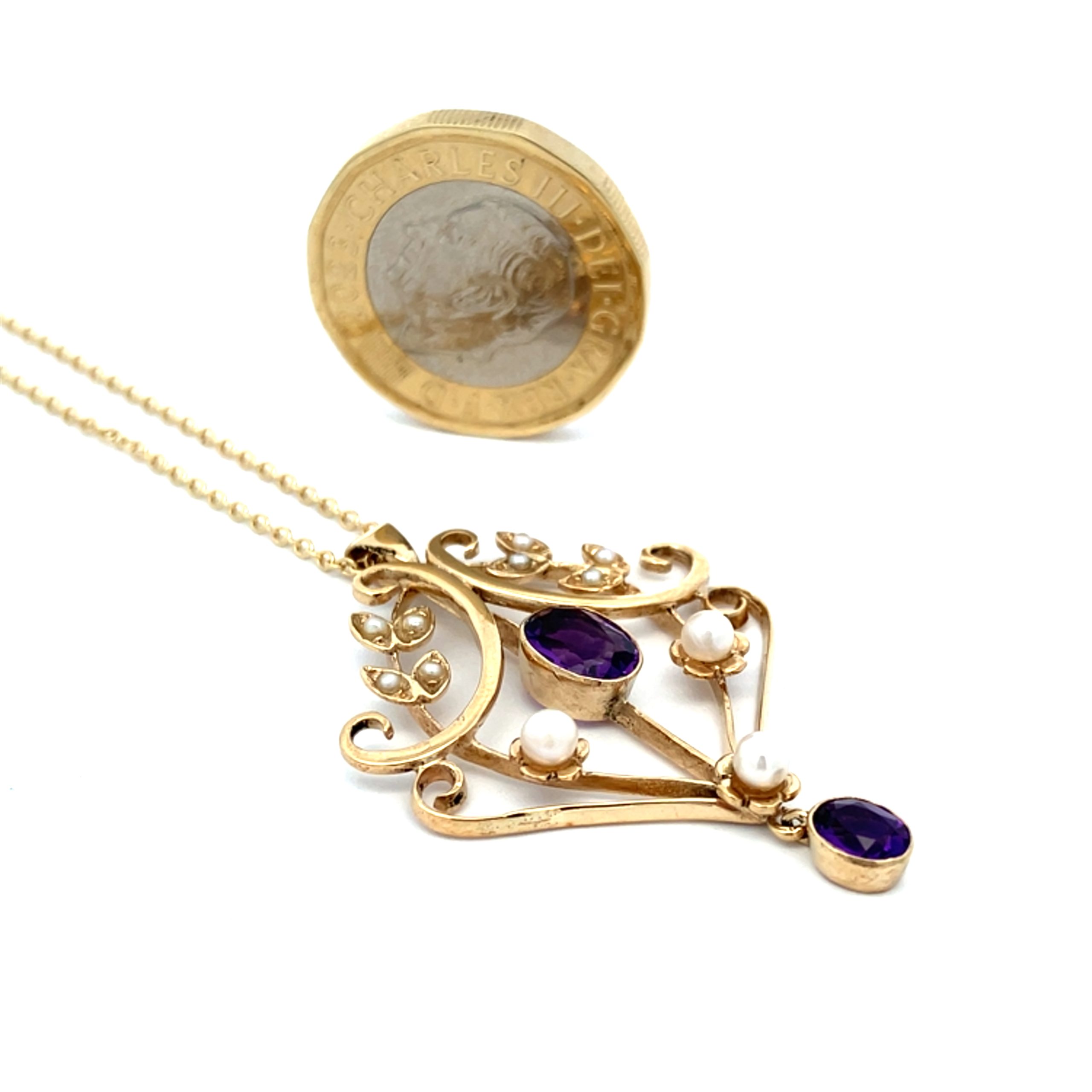 Antique Amethyst and Pearl Edwardian Pendant Necklace - 20 Inch