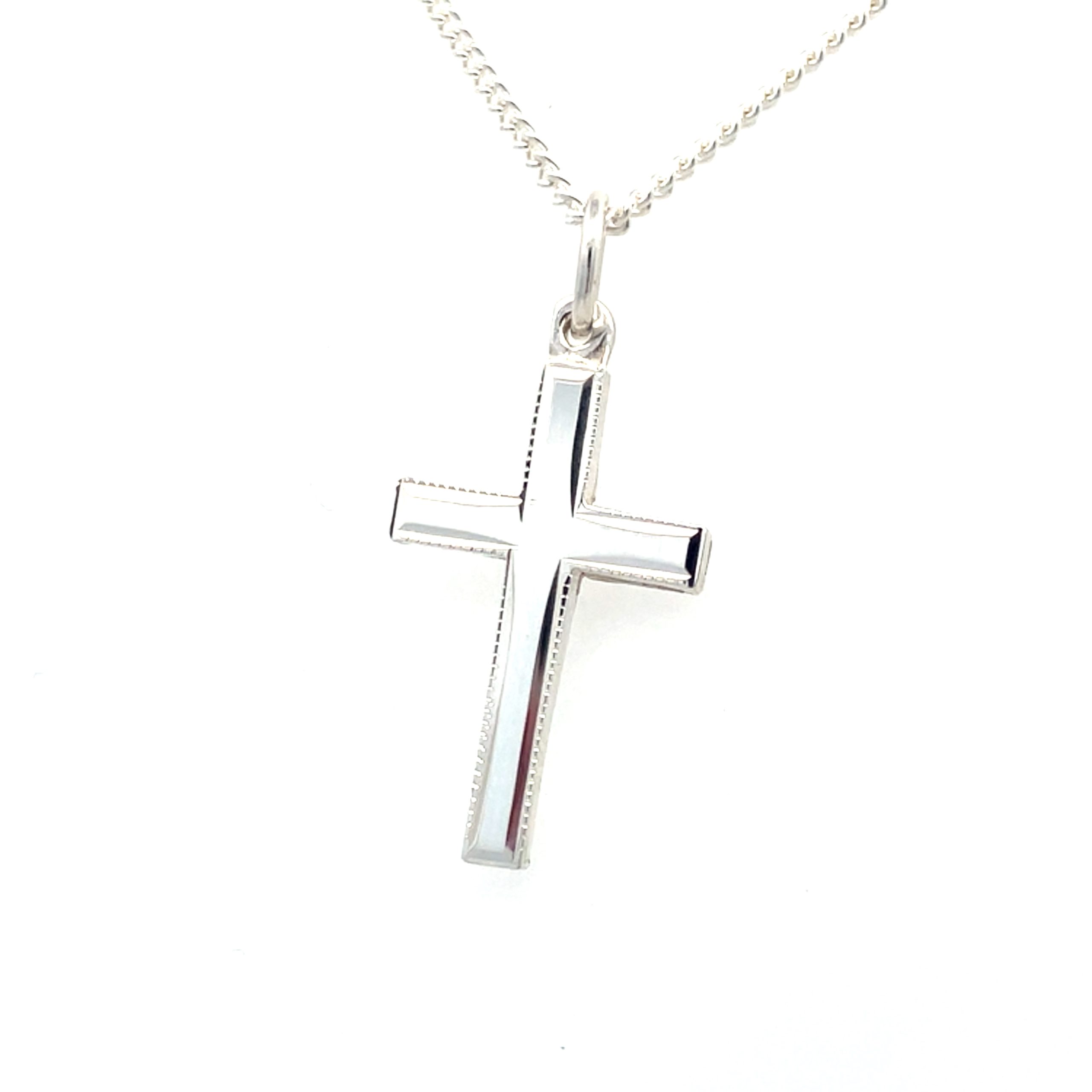 Medium Size Milgrain Edge Silver Cross and Chain