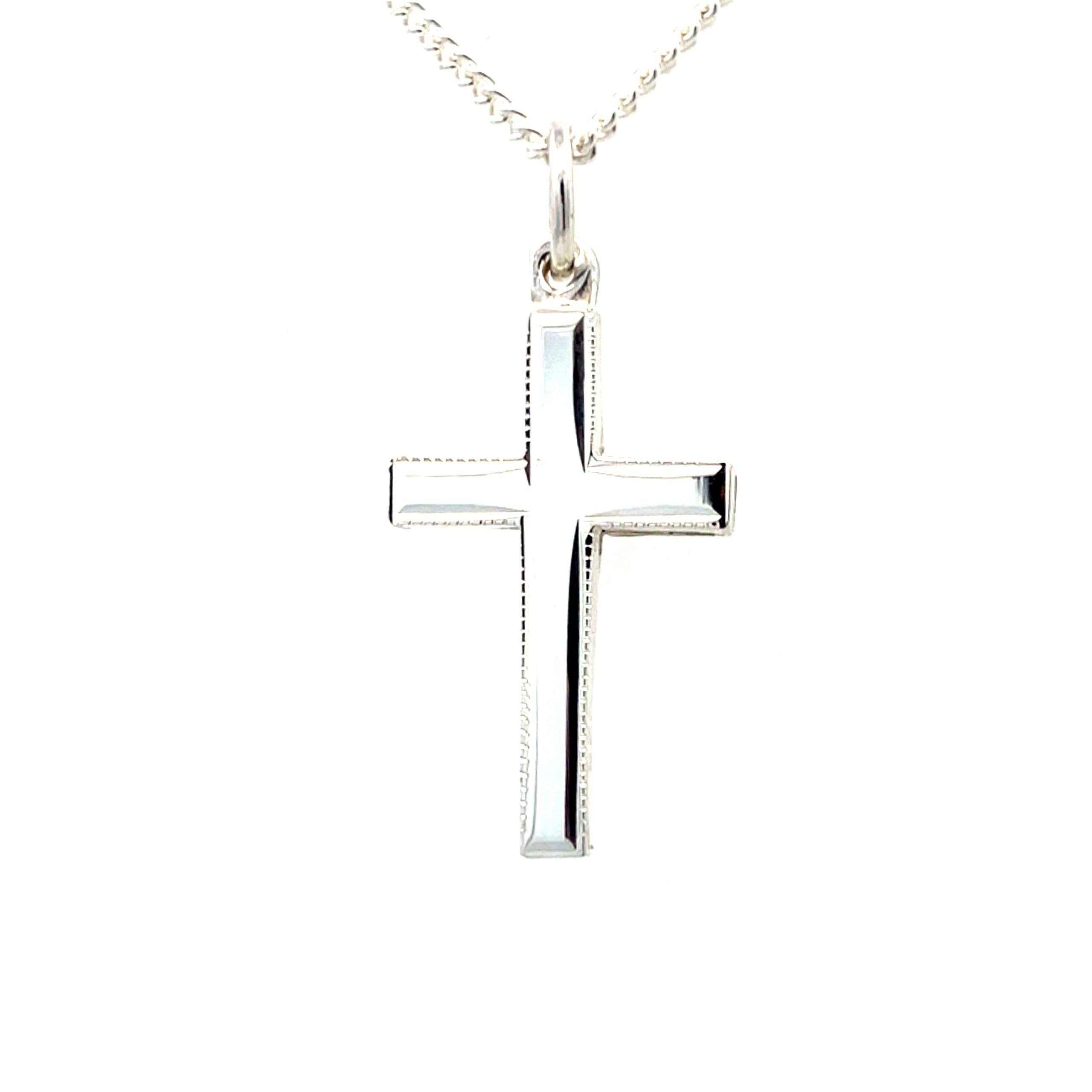 Medium Size Milgrain Edge Silver Cross and Chain